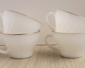 Anchor Hocking Milk Glass Gilded Teacups Set of 4 - Vintage Anchor Hocking Teacups Milk Glass Set of 4 - Swirl Milk Glass Teacups Gilded