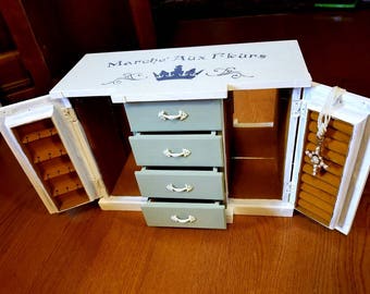 Green and White Marché Aux Fleurs (Flower Market) Vintage Upcycled Jewelry Box 2 Inside Mirrors 4 Drawers Ring Holder
