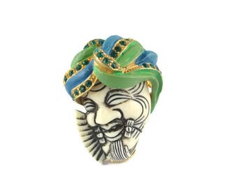 Selro Okina Pin/Blue Green Turban Rhinestone Pin/ White Noh Mask Okina (Hakushikijyo) Pin / Japanese Theater Noh Mask/ Selro Devil Brooch
