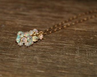 Genuine Fire Ethiopian Opal Necklace, Ethiopian Opal Jewelry, Welo Opal, Dangle Cluster Necklace, October Birthstone,Sterling Silver or Gold
