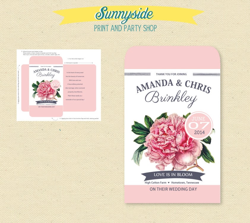 Printable Pink Peony Seed Packet Favor DIY Bridal Shower This listing is for a personalized PDF to print and create your own Peony seed packets for your special event. Customized with a beautiful vintage pink peony il