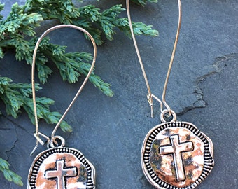Silver Cross Coin Earrings