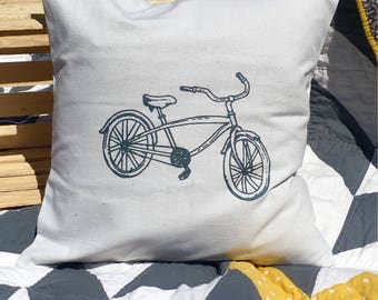 Bike screen printed 20x20 pillow cover in graphite