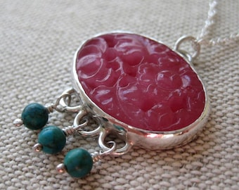 Dahlia Necklace - Sterling Silver, Vintage Pink Glass Floral Cabochon and Turquoise