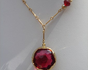 Necklace, gold filled with followers of fiery red crystal glass!