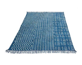 Handmade Indigo Area Rug Cotton Block Print Indigo Rug Natural Color Floor Rug Hand Loomed Rug