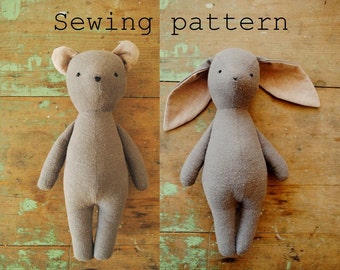 Bunny rabbit and teddy bear stuffed animal doll / soft toy PDF sewing pattern tutorial