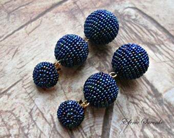 Peacock NAVY BLUE Ball drop earrings, Stud beads Dangle Earrings with three crochet balls, clip on earrings, ball drop ear/Bon Bon Earrings