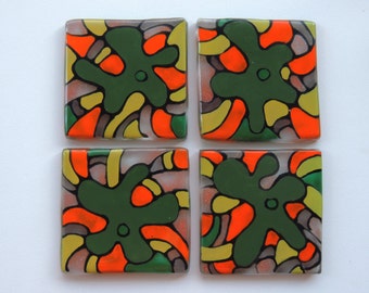 Fused glass tiles,glass tiles,painted fused tiles,green orange fused tiles,kitchen tiles,home decor tiles,gift for home