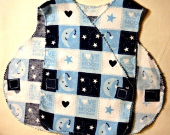 MICRO Preemie Hospital Gown Flannel NICU Approved Gown 3-5 lbs. Gift for the Preemie Girl Boy Adorable Smock Blue Plaid MOON Print Baby Gown