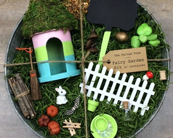 Fairy garden kit with container DIY, pink, green & blue striped round fairy house, galvanized outdoor container