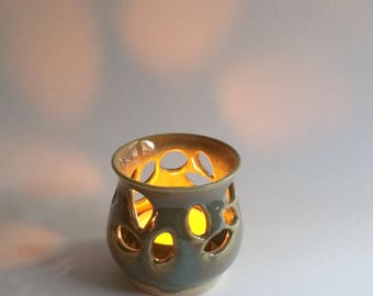 Green Votive Candle Holder or Luminary with Vine Leaf Cut-outs - Wheel Thrown Pottery
