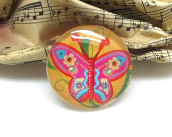 1 cabochon 25 mm glass Butterfly Pop yellow and pink - 25 mm