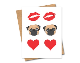 Kiss Pug Love Card - Dog Lovers - Any Occasion - Valentine