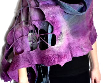 Nuno Felted Scarf, Ruffled, Wavy, Lavender Purple Steel Blue Gray, With Lacy Fishnet Elements, Silk Merino Wool Felted Wrap