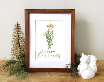 Mistletoe Christmas Decoration Art Print - Merry Kissmas