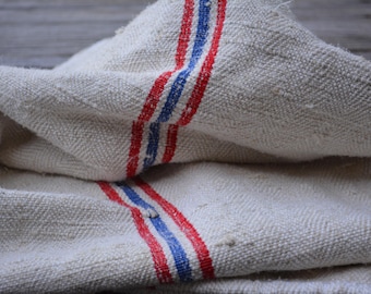 Vintage European Grain Sack with Blue and Red Stripes, Antique Homespun Textile, French Country Decor, Vintage Supplies, Farmhouse Kitchen