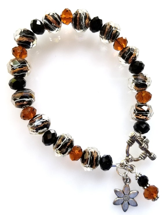 Black, Topaz and Foil Glass Bead Bracelet, Black Bracelet, Topaz Bracelet, Glass Bead Bracelet