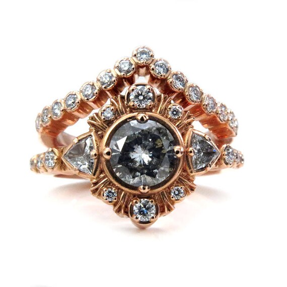 Salt and Pepper Diamond Engagement Ring Set with Diamond Trillions and Rose Gold Fringe - Chevron Pave Wedding Band