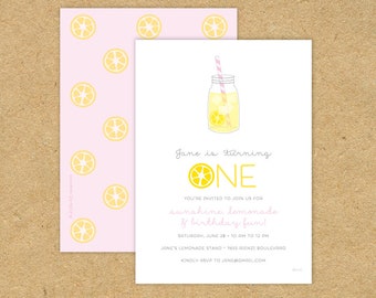 Cute Simple Lemonade Birthday Party Invitation: First Second Birthday Lemonade Stand Lemon Summer Pink Yellow Red Fruit One Two