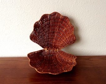 Vintage Brown Seashell Wicker Basket, Woven Clam Wicker Basket, Boho Wicker Basket Wall, Shell Wicker Basket, Boho Wall Art, Jungalow Decor