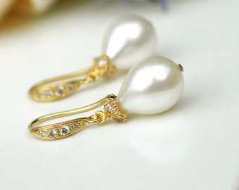 Teardrop Pearl Earrings | White Freshwater Drop Pearls | CZ Pavé Gold Vermeil Dangles | Vintage Inspired | Bridal Jewelry | Ready to Ship