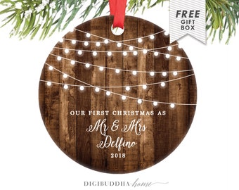Rustic First Christmas as Mr & Mrs Ornament Our First Christmas Married Ornament Newlywed Christmas Ornament Wedding Ornament Wood Lights