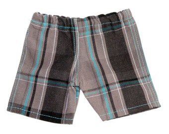 Fits Like American Girl Doll Clothes. 18-Inch Boy Doll Shorts. Grey and Turquoise Plaid Shorts.