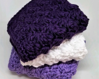 Set of 3 Crocheted Dishcloth - Dark Purple, Lavender, and White Dishtowels - Cotton Kitchen Cloths - Kitchen Decor - Vintage Style