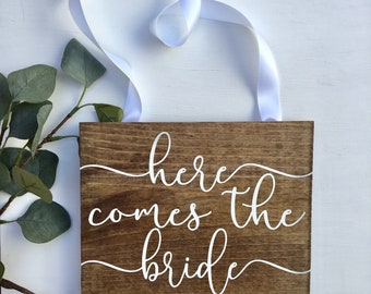 Here Comes The Bride Sign Rustic Wood Stained Wedding Sign Wood Square Flower Girl Sign Ring Bearer Sign Shabby Chic Woodland Wedding