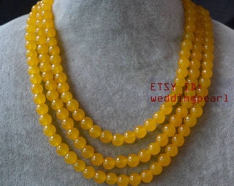 yellow jade Necklace,wedding necklace, 8mm jade necklace, 3 strands yellow necklace, stone necklaces,statement necklacek,bridesmaid necklace