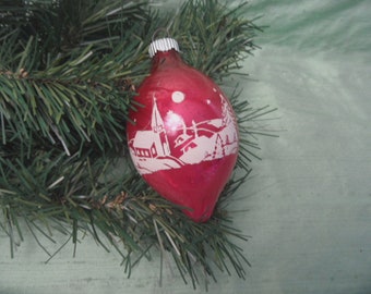 Shiny Bright pink stencil ornament / vintage church and steeple stencil teardrop bauble