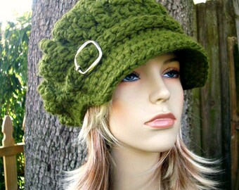 Crochet Hat Green Womens Hat Green Newsboy Hat - Oversized Monarch Ribbed Crochet Newsboy Hat Olive Green Crochet Hat - Womens Accessories