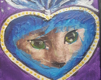 My sacred heart - mixed media 6x6 painting sacred heart cat