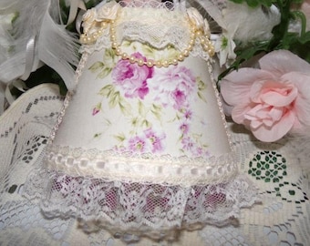 Soft Purple Roses Country Cottage Chic NIGHT LIGHT with Lavender Beading & Ivory Lace