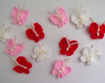 12 Crochet butterfly appliques,embellishments,Scrapbook,sewing,red/pink/white,valentine's day