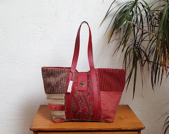 Red mix of TEXTILES and leather tote