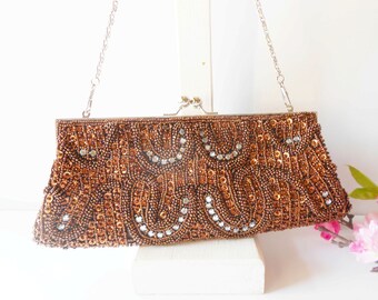 Beaded Evening Bag, Copper Evening Bag, Copper Beaded Bag, Beaded Clutch Bag, Copper Bead Clutch, Glamorous Purse EB-0056