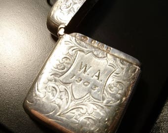 Antique sterling silver vesta case, engraved foliage, monogrammed W.A, Edwardian silver vesta