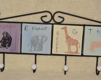 Coat Rack, Towel Rack, Kids, Nursery, Zoo, Chimp, Elephant, Giraffe, Tiger, Pastel, Cast Iron , Ceramic Tiles, Purple, Blue, Yellow, Green