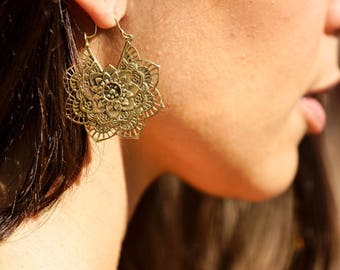 Mandala Flower Earrings, Boho Earrings, Gypsy Earrings, Brass Earrings, Indian Earrings, Bohemian Earrings, Tribal Earrings, Brass Jewelry
