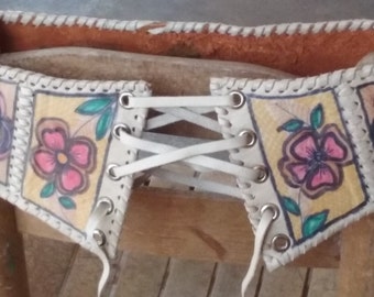 70s CHAR--Leather Corset Belt--Painted Flowers--Drawstring Ties--Size XS