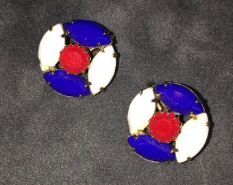 Vintage Clip On Earrings Red White and Blue