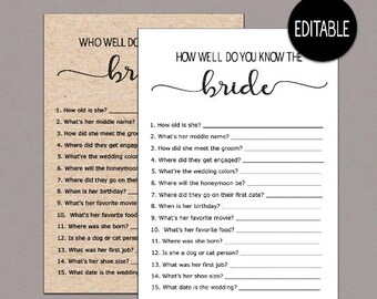 Editable How Well Do You Know the Bride, WHO KNOWS the BRIDE best, who knows the bride best game, Kraft Rustic Bridal Shower printable B11