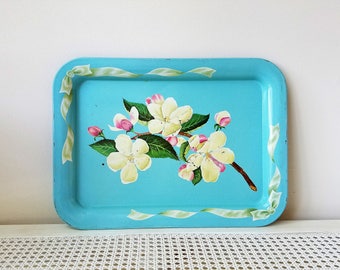 Vintage Turquoise Metal Serving Tray Floral Dogwood Blossoms, Retro Shabby Cottage Decor