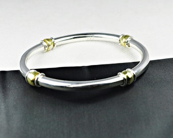 Mexico 925 Sterling Bangle with A Gold Tone Overlay on Beads - Signed 925 Mexico - Brac-10013a-042618000k