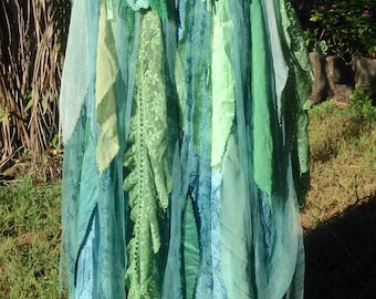 Bohemian Gypsy SKIRT Mori Girl Forest Fairy Lagenlook.Mermaid colours of pastel teal,green,blue. Gorgeous silks & rayon, vintage laces