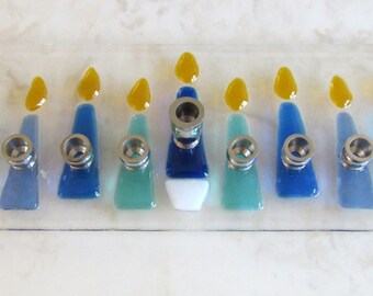 Hanukkah Menorah, Fused Glass Menorah with Turquoise, Blue and White Candles, Chanukia, Children Menorah, Bar Mitzvah Gift, Bat Mitzvah Gift