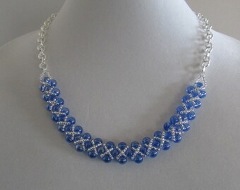 Light Blue Acrylic Bead Necklace and Earrings with Silver Embellishements