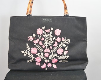 90s Kate Spade Purse// Embroidered Purse// Lined Purse Wood Handles (F1)